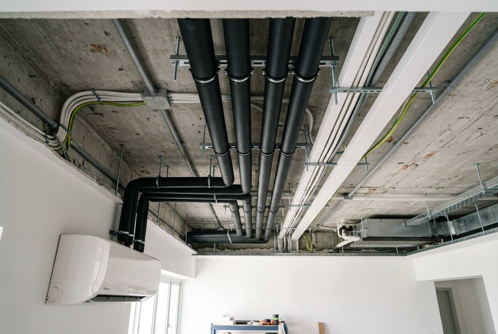 New insulated copper refrigerant piping and trunking installed for a split aircon system in a Singapore HDB flat