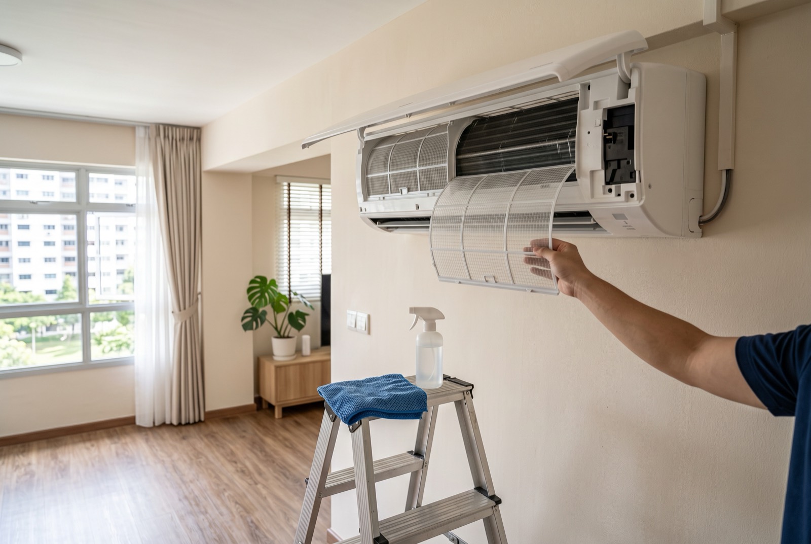 HDB living room with a wall-mounted aircon fan-coil unit above the sofa in a Singapore flat