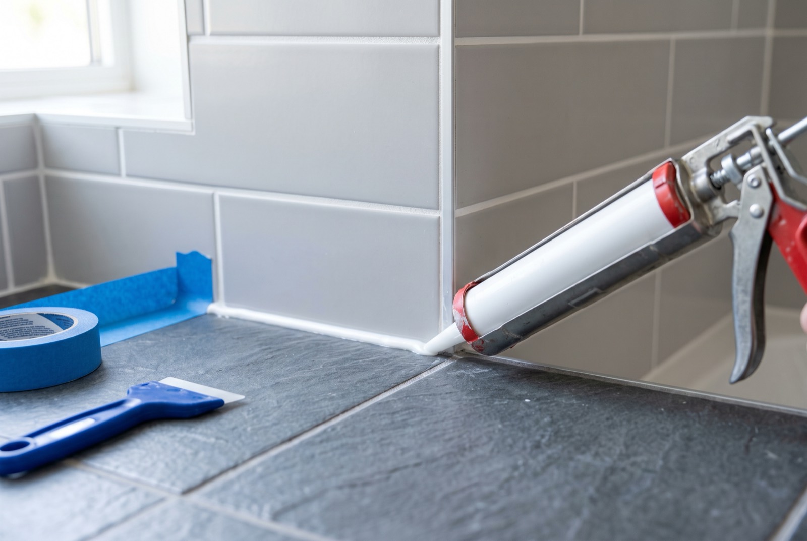 Clean tiled bathroom with fresh grout lines and neat silicone sealant after regrouting in a Singapore HDB flat