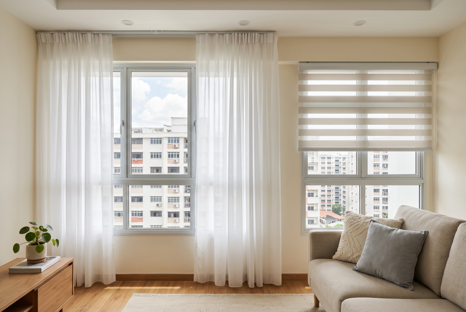 Bright HDB living room window wall in Singapore where curtain rails and blinds are installed