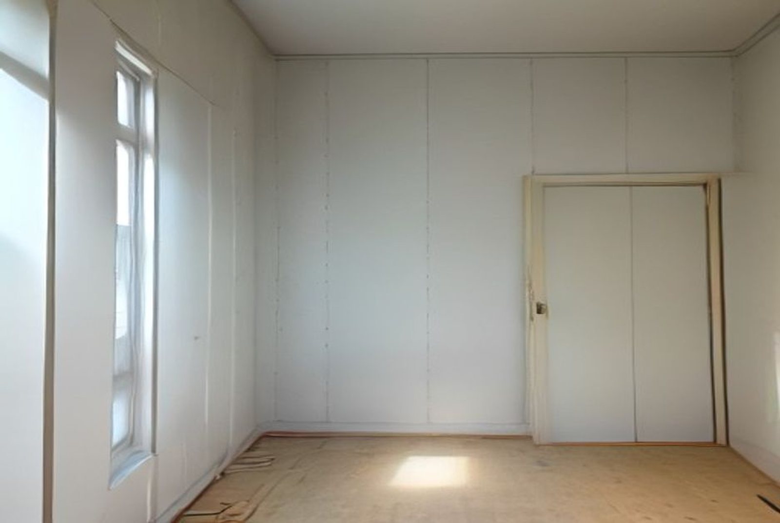 Metal stud partition frame partly boarded with plasterboard during a drywall installation in a Singapore flat