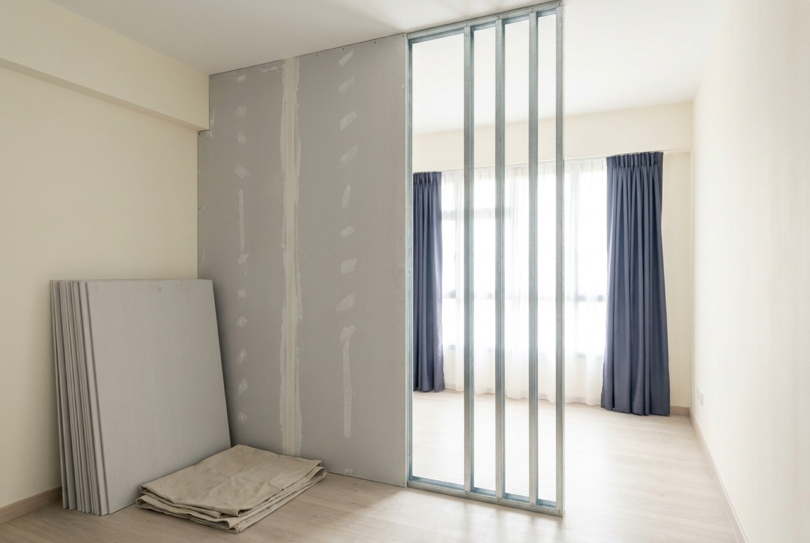Metal stud frame and plasterboard partition wall under construction in a Singapore HDB flat