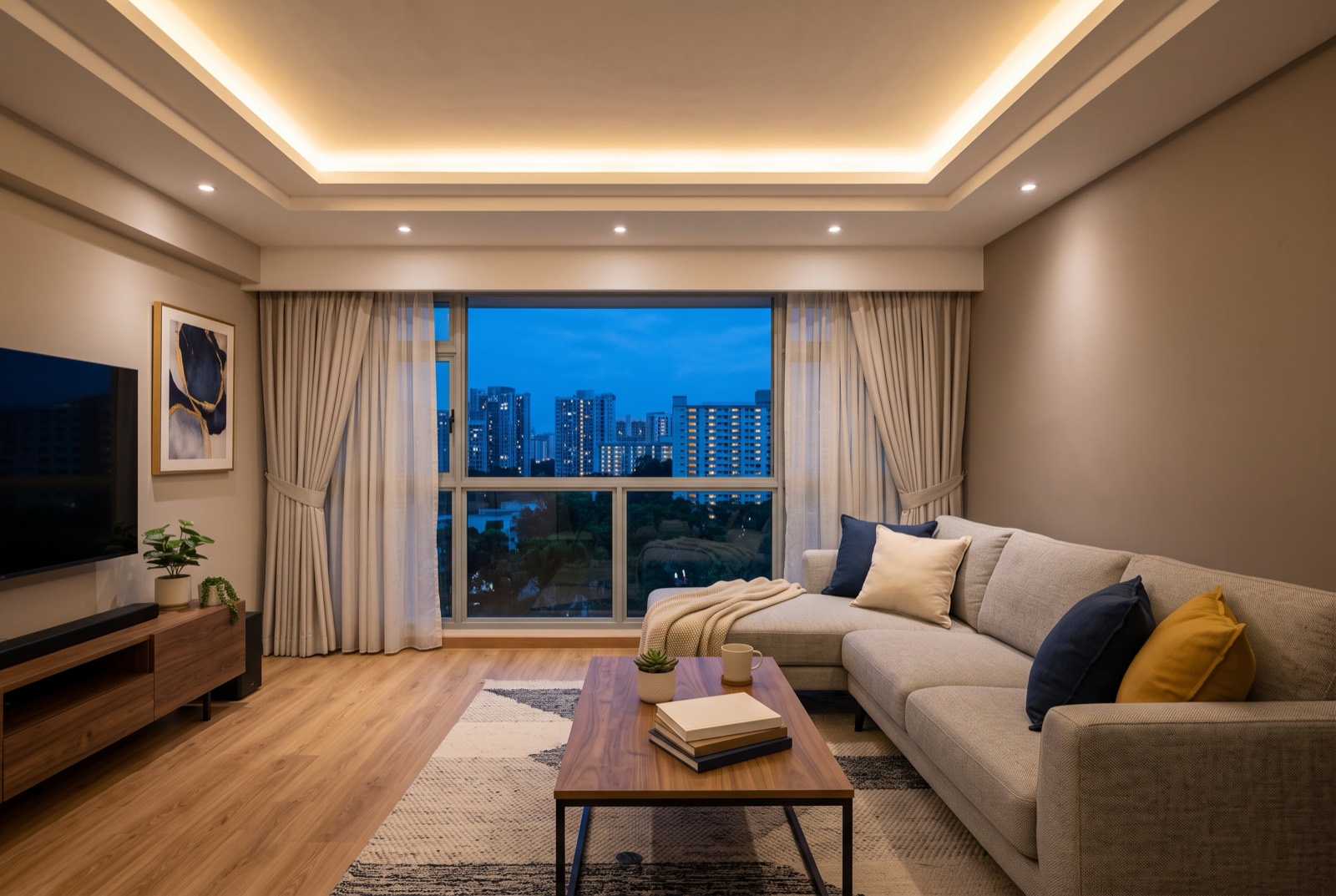 HDB living room with a recessed false ceiling, cove lighting and downlights