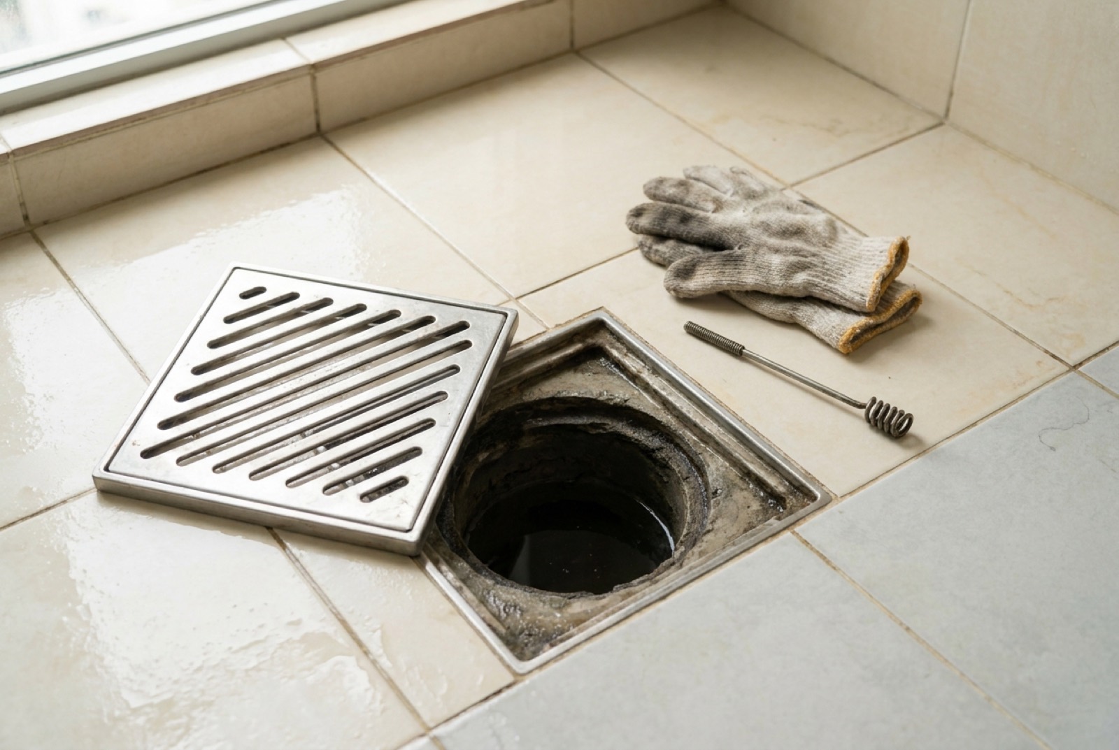 Stainless steel floor trap grating lifted from a tiled HDB bathroom floor during a drain choke clearing