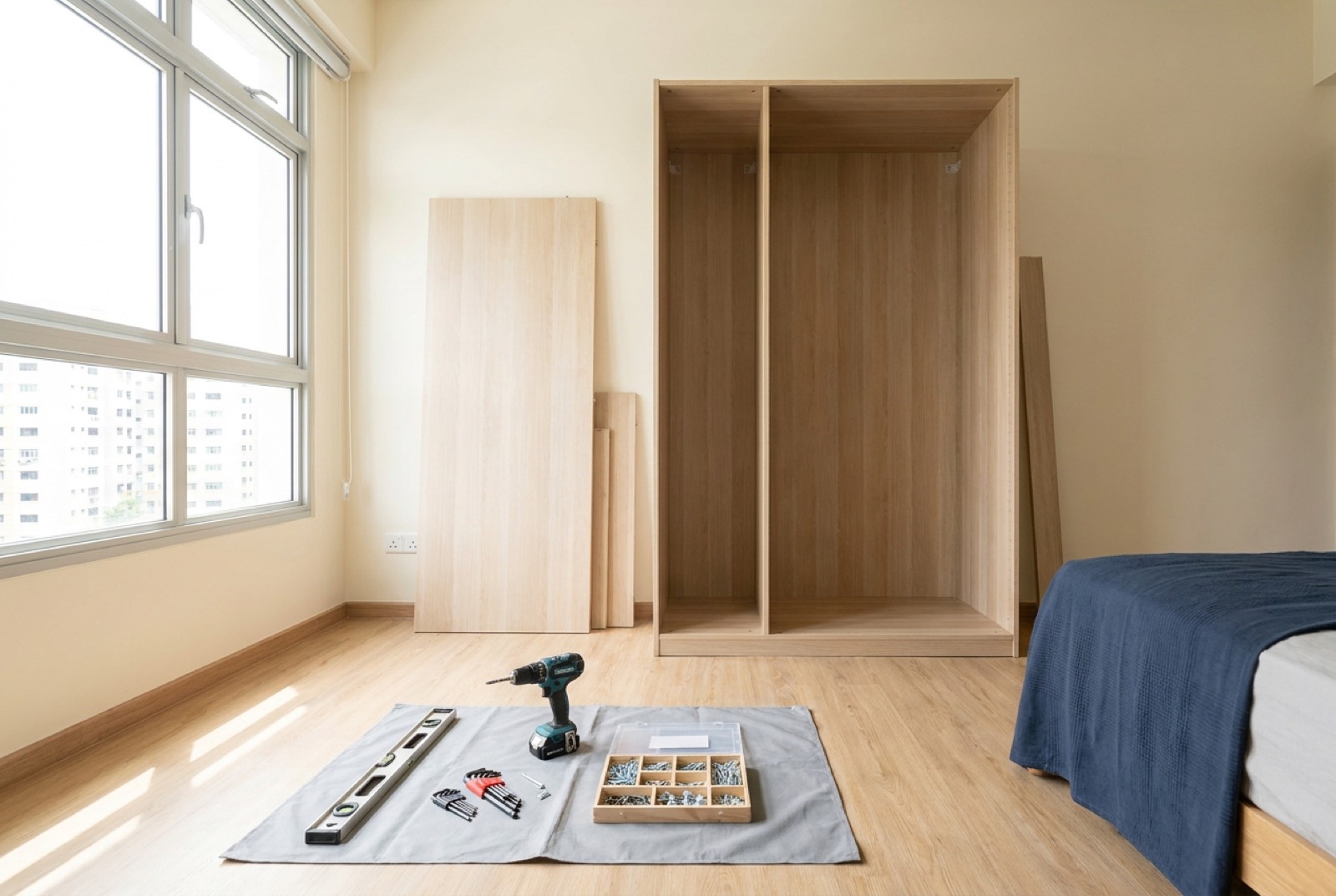 Flat-pack furniture panels and tools laid out during a furniture assembly job in a Singapore HDB flat