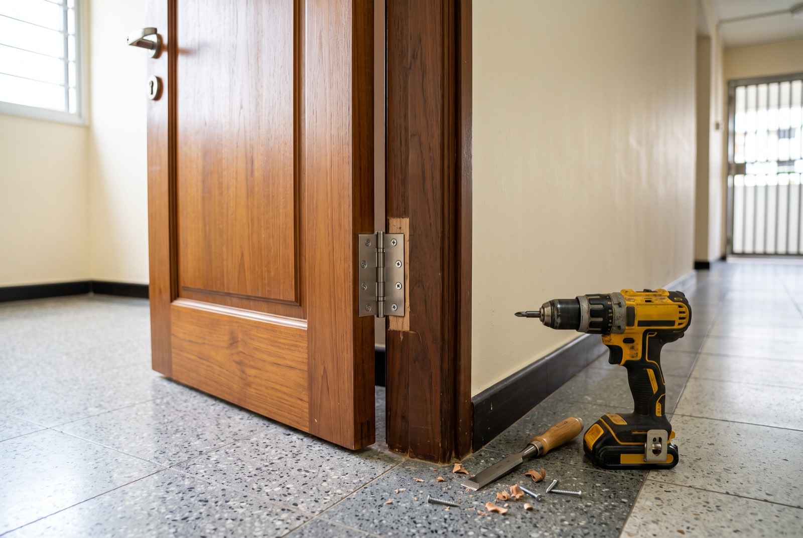 HDB flush bedroom door and timber frame repaired by RK E&C in a Singapore flat