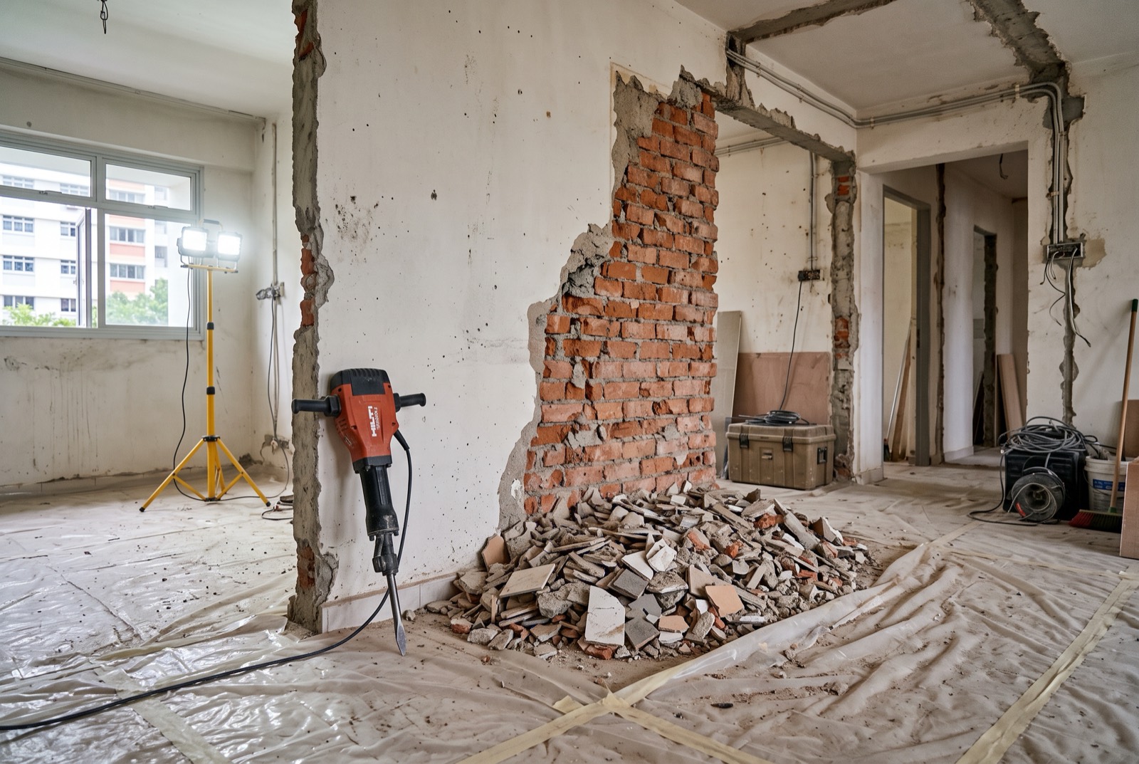 HDB unit mid-renovation with a partition wall partly hacked and tiles removed