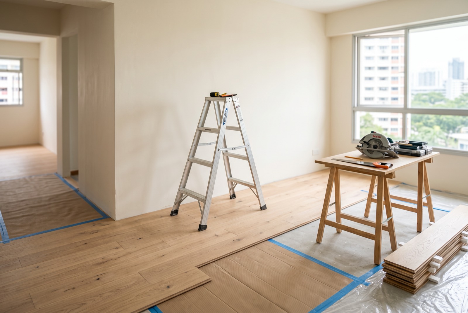 Newly renovated HDB flat interior in Singapore with built-in carpentry, painted walls and a study nook