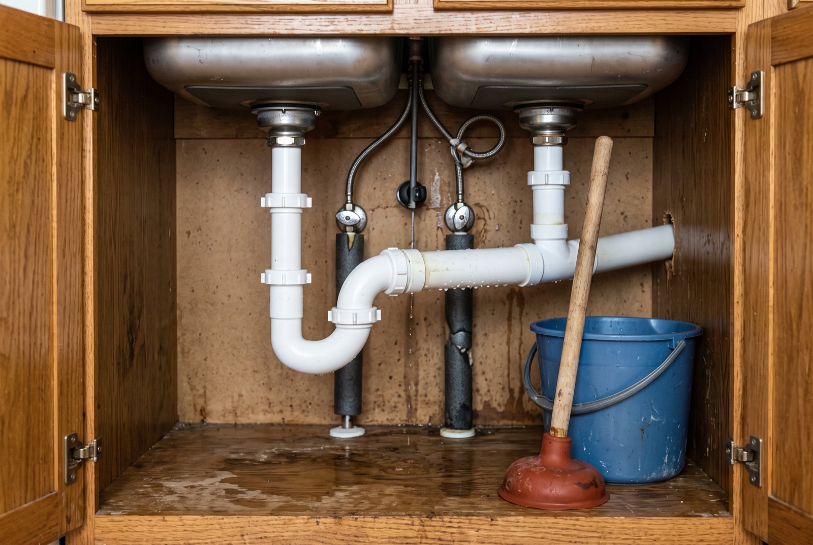 Kitchen sink and pipework being serviced in a Singapore HDB kitchen