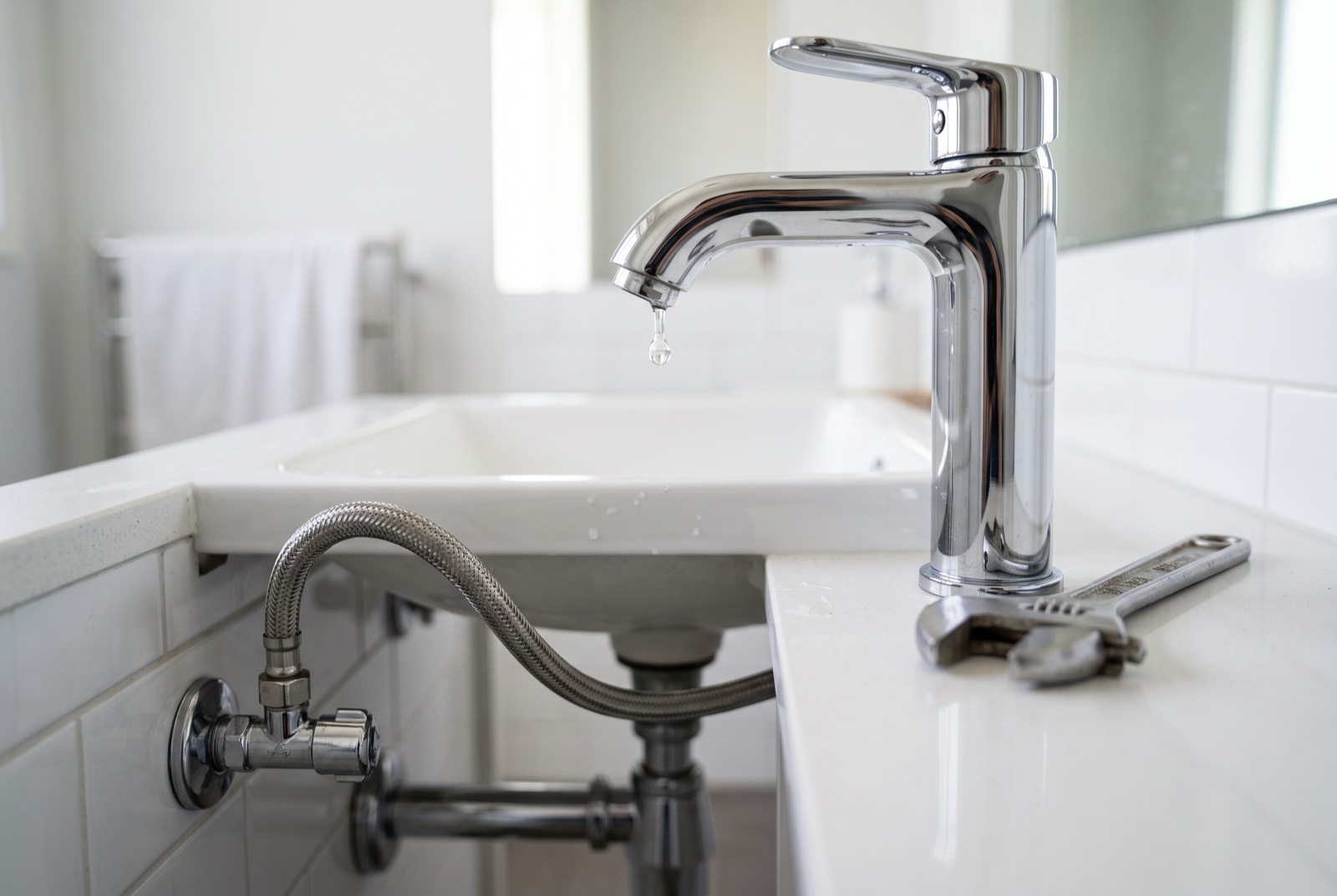 Bathroom basin tap and fittings in a renovated Singapore HDB, the kind of fixture prone to a leaking tap