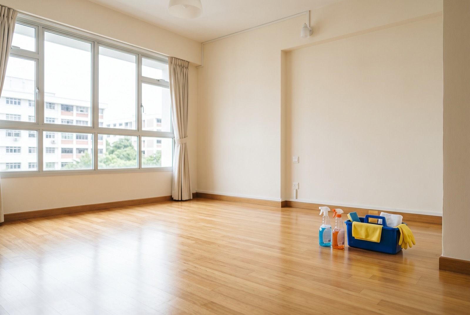 A freshly cleaned and repainted HDB living room with bare walls, spotless floors and clear windows, ready for handover