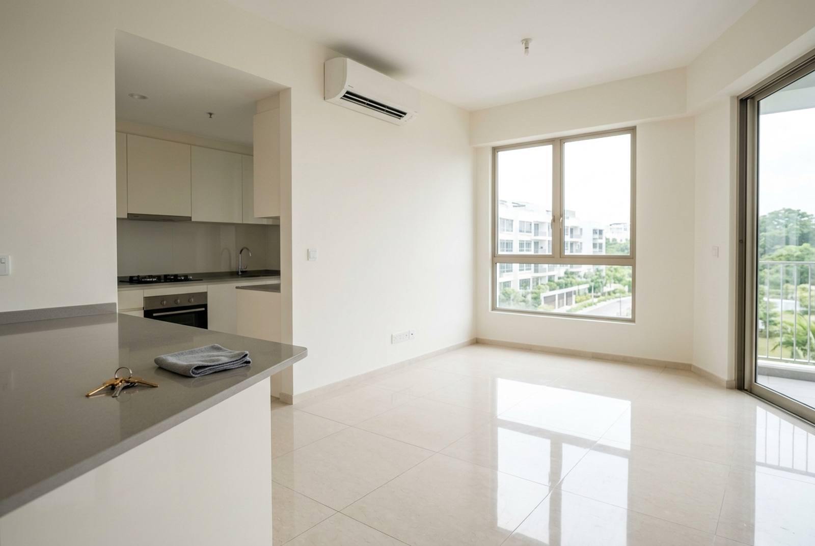 Empty two-bedroom Singapore condo living room freshly cleaned and touched up for handover by RK E&C