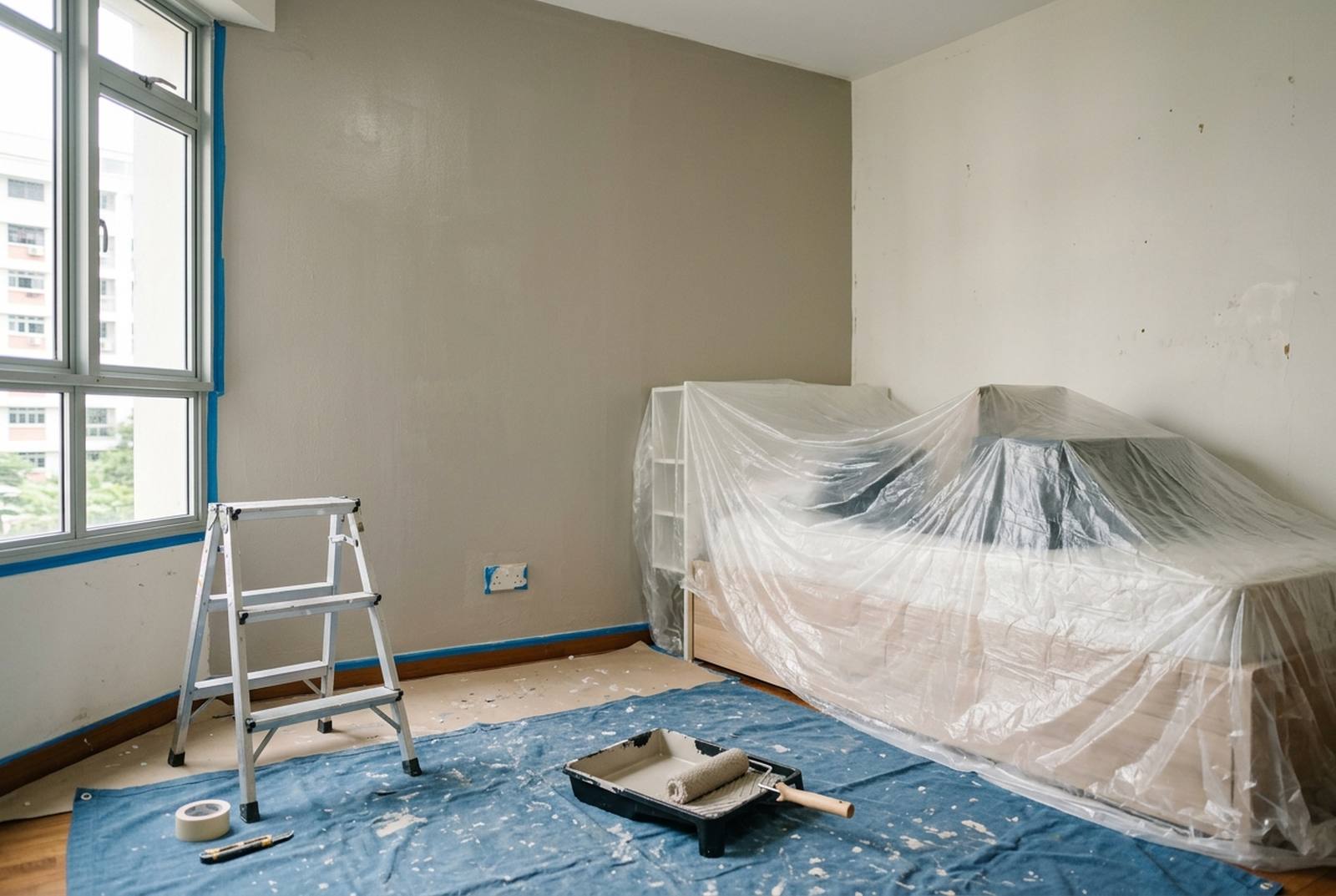 Singapore HDB bedroom being repainted by RK E&C with furniture covered and masking tape along the skirting