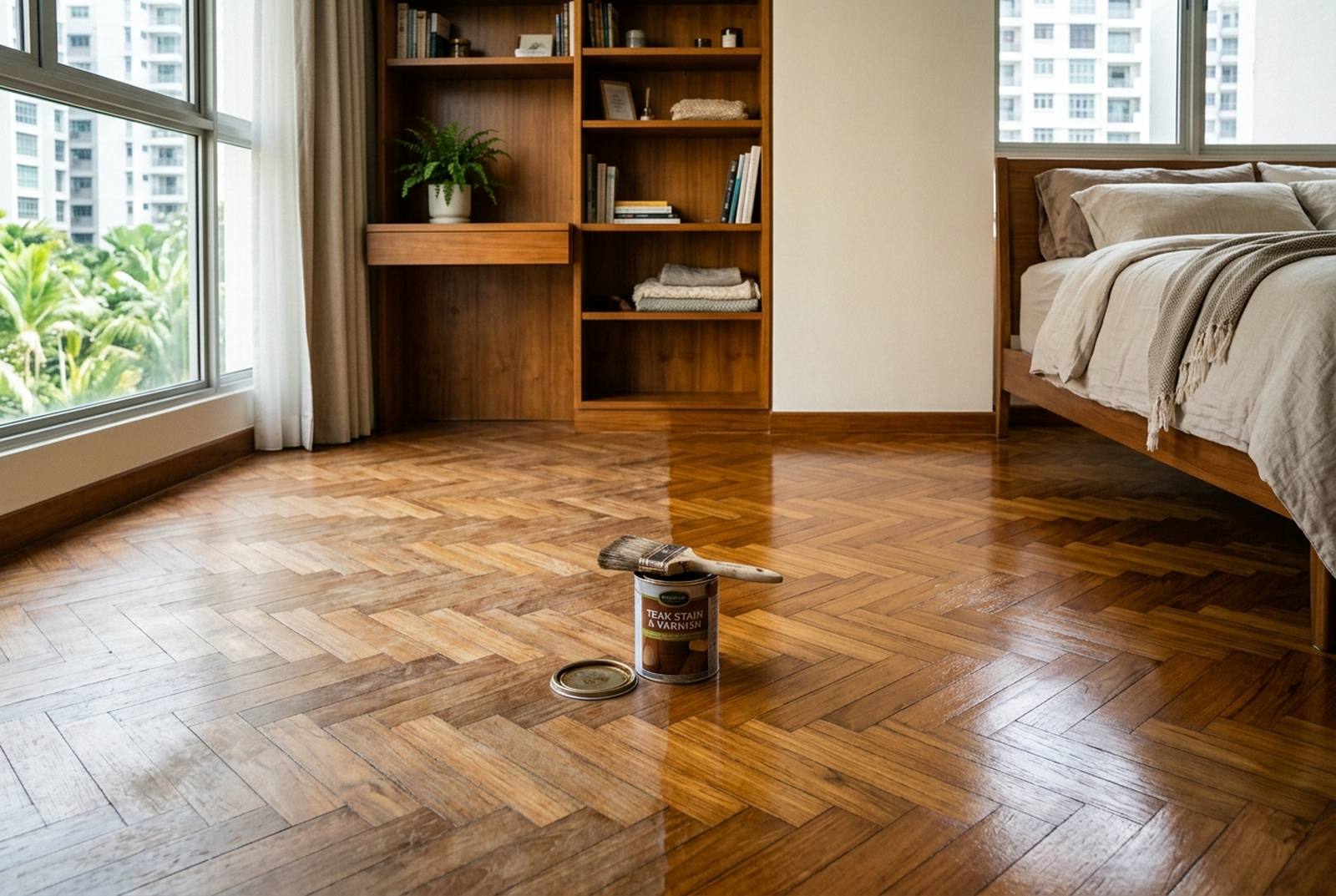 Teak herringbone parquet floor in a Singapore condo bedroom half freshly lacquered and half dull before varnish by RK E&C