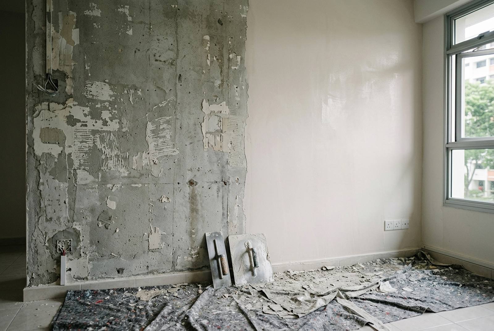 Interior wall in a Singapore HDB flat stripped back and replastered before repainting by RK E&C