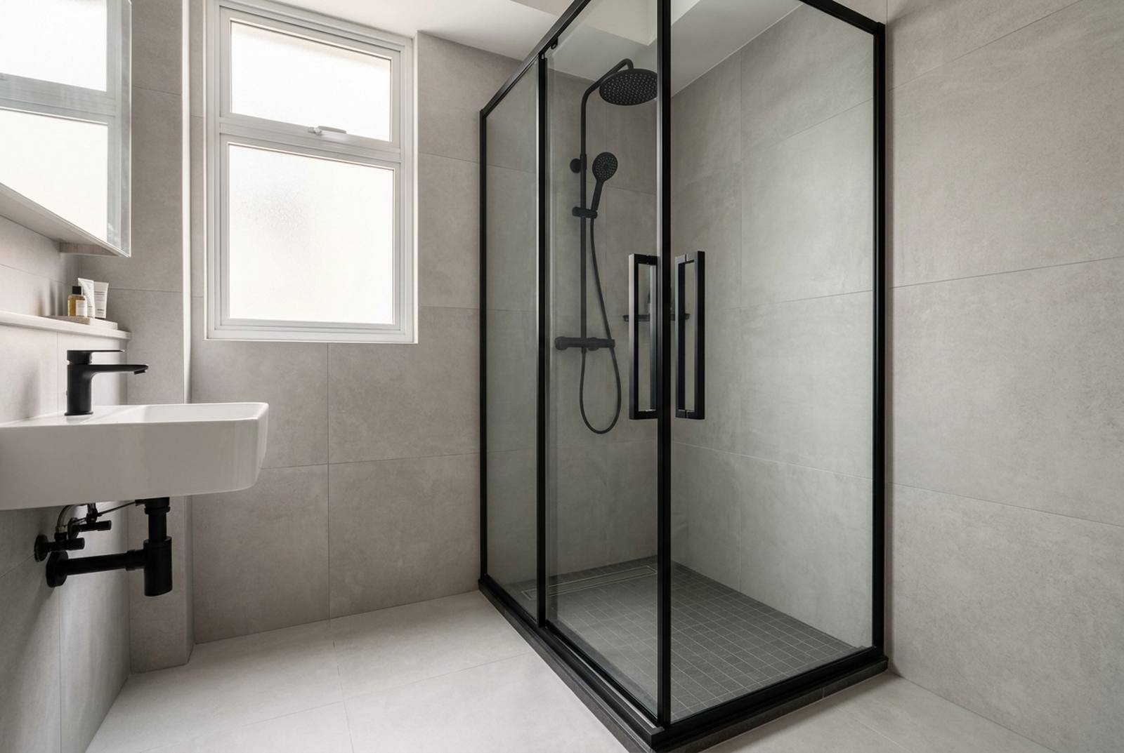 Framed tempered glass shower screen installed in an HDB toilet by RK E&C in Singapore