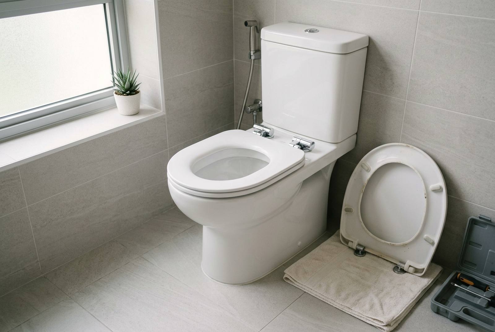 New white soft-close toilet seat fitted to a ceramic toilet bowl in a Singapore HDB bathroom, old seat set aside