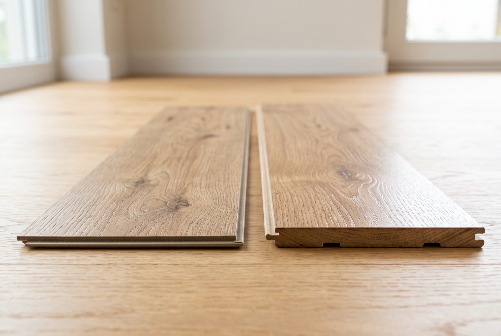 New vinyl plank flooring freshly laid in a bright HDB living room