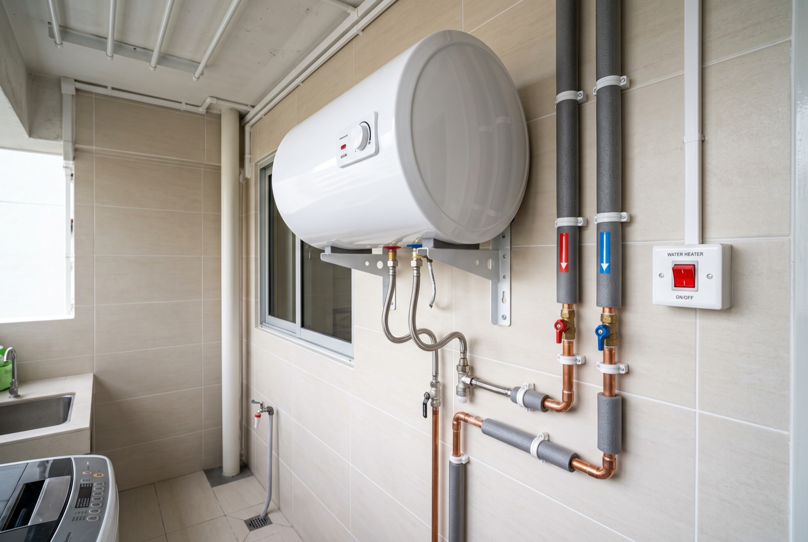 Renovated HDB bathroom with a wall-mounted water heater above the shower area